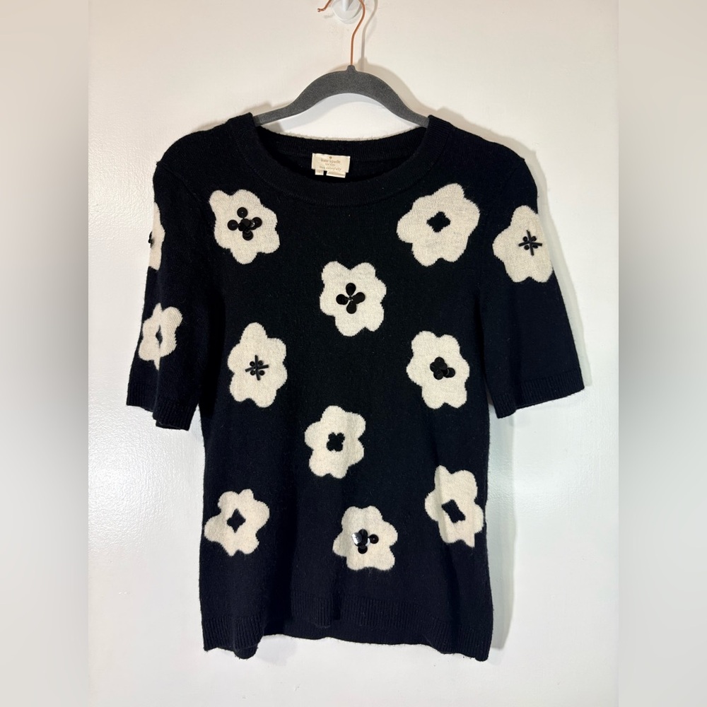 Kate Spade New York Black & White Floral And Sequin Wool Blend Sweater Sz Small - Picture 2 of 11